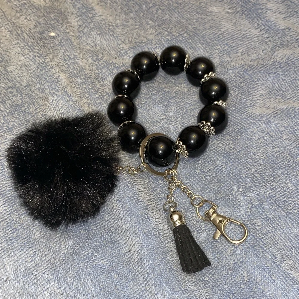 Beaded in Black Bracelet Keychain with Tassel